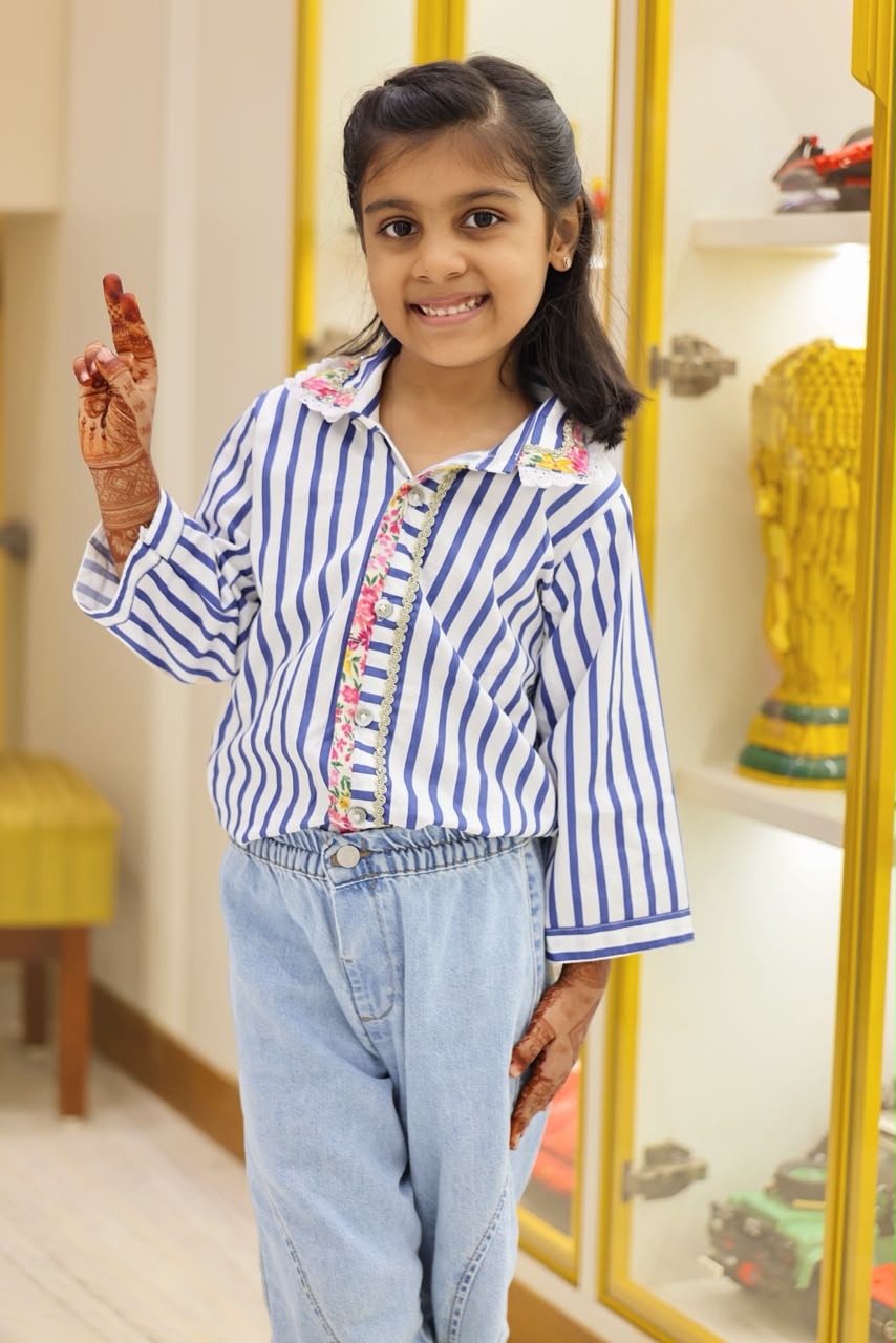 Striped shirt with floral trim placket